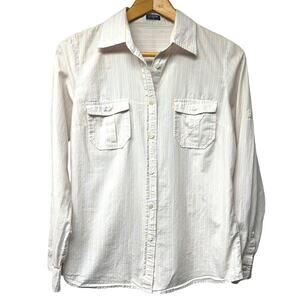 J Crew White Vertical Pastel Pinstripes Button Up Cotton Blouse Sz Small Medium